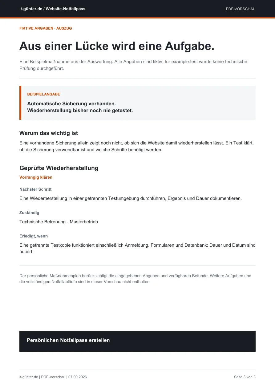 Beispielmaßnahme zur ungeprüften Wiederherstellung mit nächstem Schritt, Zuständigkeit und Abschlusskriterium