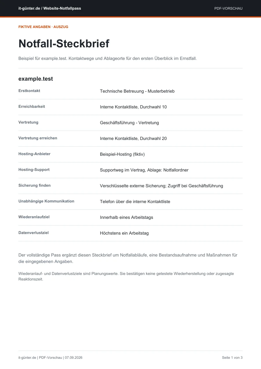 PDF-Vorschau mit fiktiven Kontaktwegen, Sicherungsablage und Planungszielen