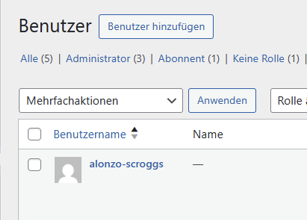 Unbekanntes WordPress-Administratorkonto „alonzo-scroggs“ nach einem Website-Hack