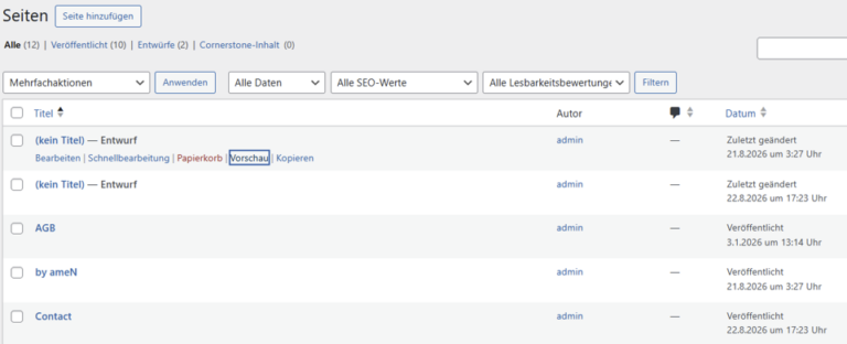 Manipulierte WordPress-Seiten mit „by ameN“ und „Contact“ im Backend