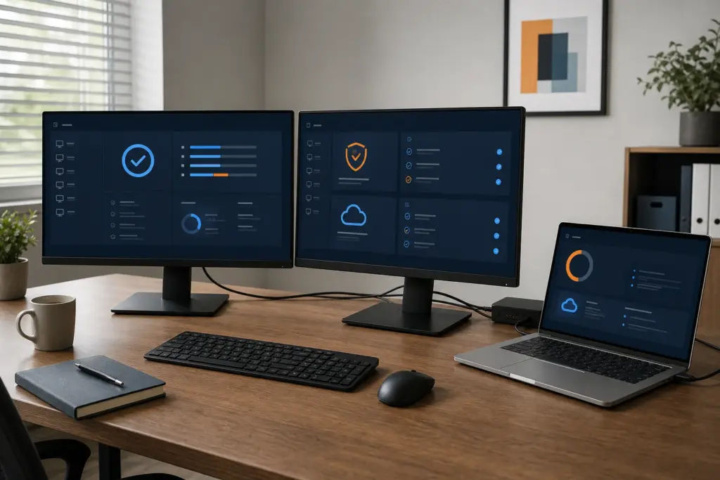 Mehrere Windows-Arbeitsplätze werden für Updates, Virenschutz und Backups vorbereitet