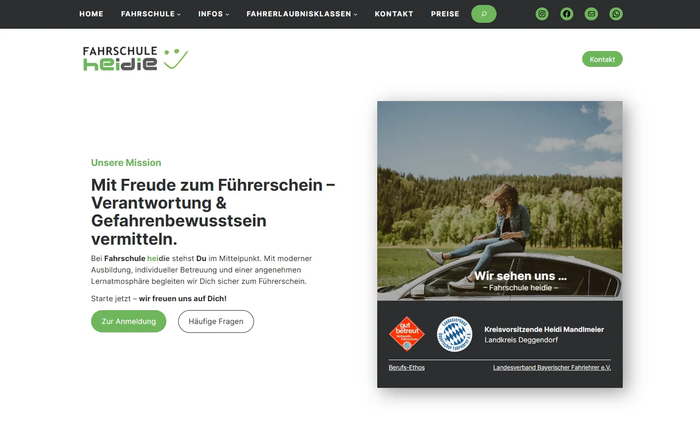 Screenshot der Website der Fahrschule HeiDie