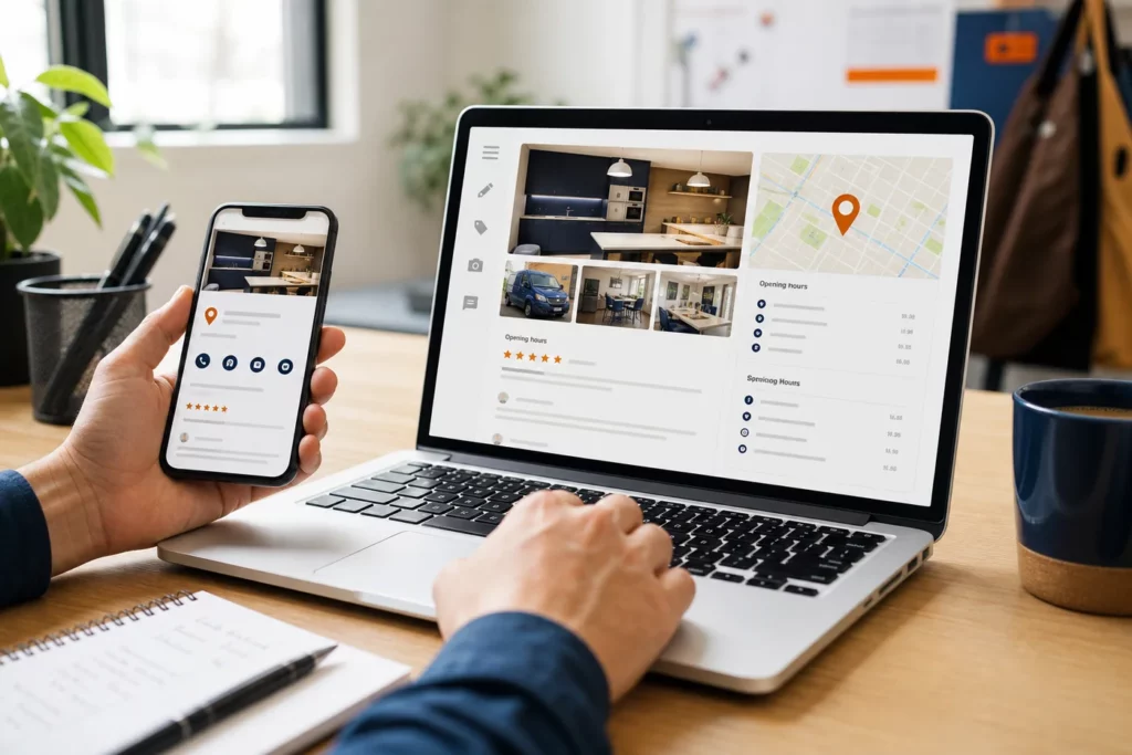 Google-Unternehmensprofil mit Bewertungen, Fotos und aktuellen Unternehmensdaten auf Smartphone und Laptop