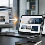 Vergleich einer veralteten Desktop-Homepage mit einem modernen responsiven Webauftritt auf Laptop, Tablet und Smartphone