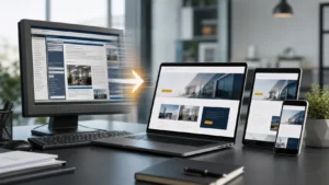 Vergleich einer veralteten Desktop-Homepage mit einem modernen responsiven Webauftritt auf Laptop, Tablet und Smartphone