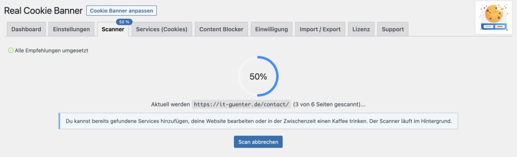 Service-Scanner von Real Cookie Banner mit erkannten Diensten