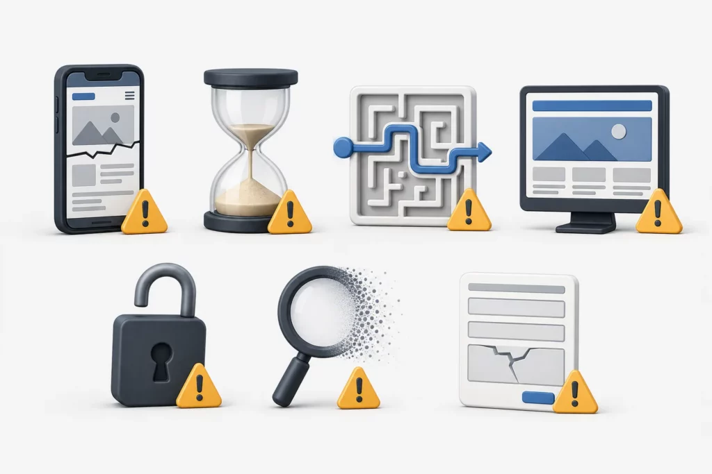 Sieben typische Anzeichen einer veralteten Firmenhomepage: mobile Darstellung, Ladezeit, Navigation, Design, Sicherheit, Suche und Kontaktformular