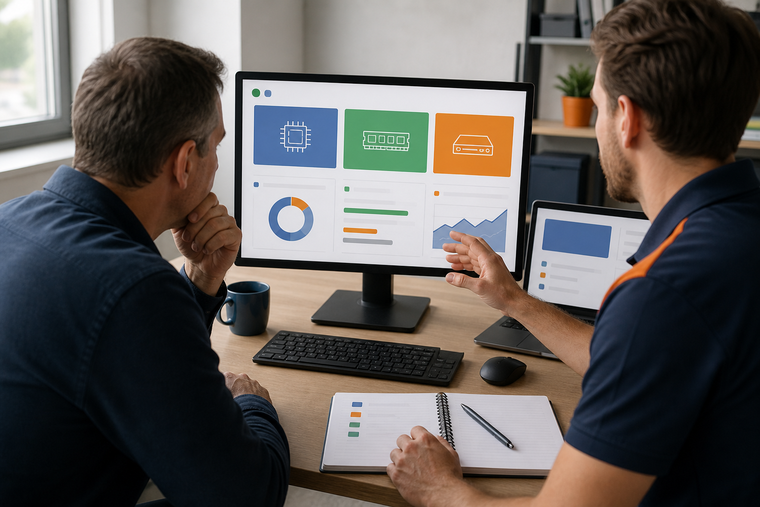 IT-Berater prüft die Windows-11-Kompatibilität eines Büroarbeitsplatzes