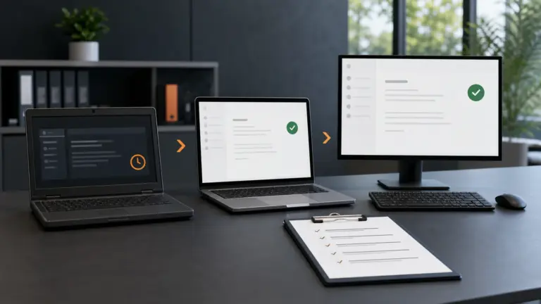 Drei Bürocomputer zeigen den geplanten Wechsel von einem älteren zu unterstützten Systemen