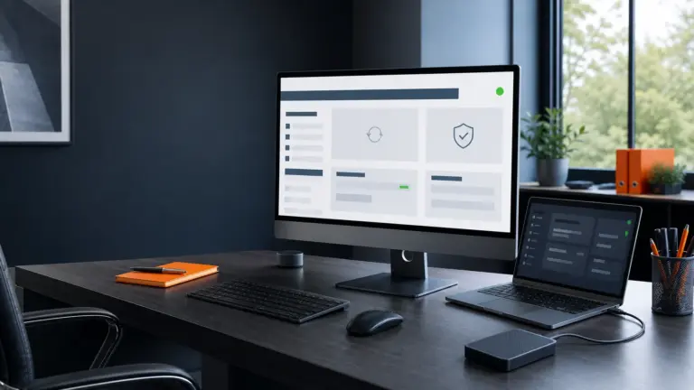Büroarbeitsplatz mit Website-Verwaltung, Update-Status und externem Backup-Laufwerk