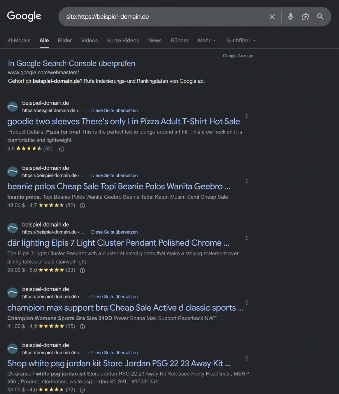 Google-Suche mit fremden Spam-Ergebnissen auf einer WordPress-Website