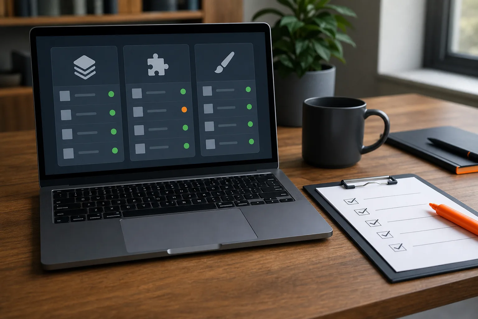 Laptop mit unbeschrifteter Komponentenprüfung für WordPress-Kern, Erweiterungen und Theme