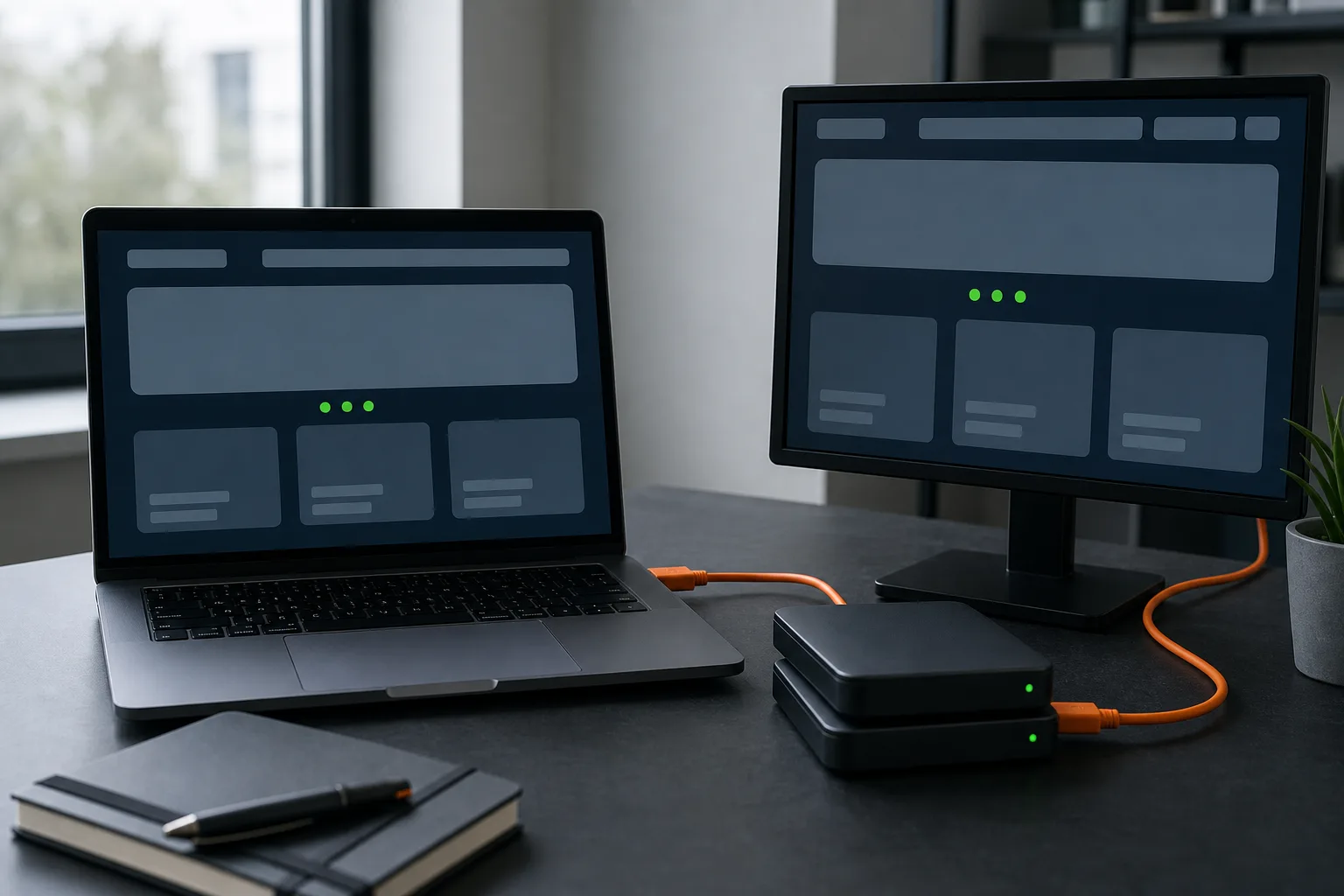 Getrennte Website-Testumgebung mit Laptop, Monitor und zwei Backup-Laufwerken