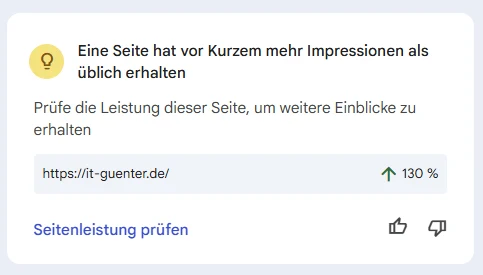 Search-Console-Hinweis für it-guenter.de: 130 Prozent mehr Impressionen als üblich