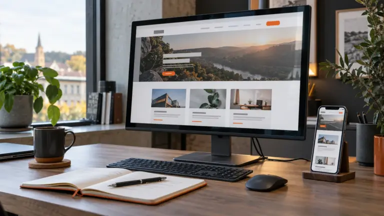 Firmenwebsite auf Monitor und Smartphone an einem Büroarbeitsplatz