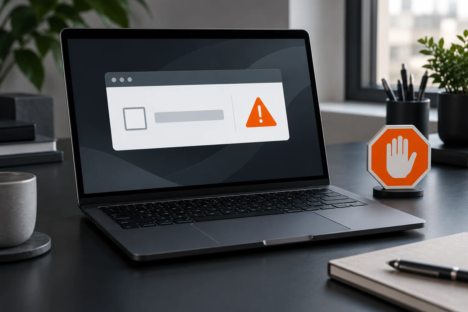 Laptop mit stilisierter CAPTCHA-Prüfung und orangefarbenem Warnsymbol; daneben ein Stoppschild mit einer erhobenen Hand.