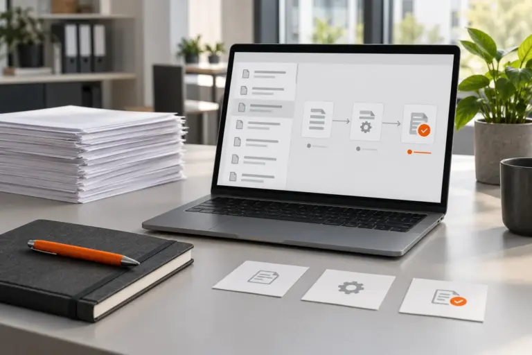 Laptop mit einem vereinfachten Dokumentenablauf neben Unterlagen und drei Prozesskarten auf einem Büroschreibtisch
