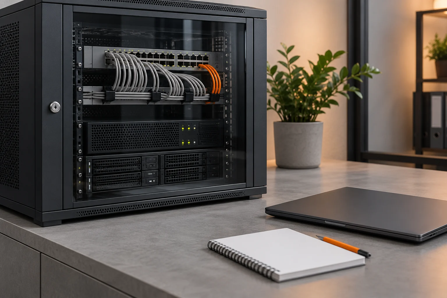 Geschlossener Serverschrank mit geordneten Kabeln neben einem Laptop und einem Wartungsnotizbuch